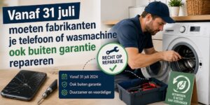 Een technieker die aan een wasmachine sleutelt met erbij een tekst die slaat op de nieuwe wetgeving inzake reparaties