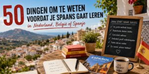 Spaanse boeken en geschrift op een mediterraans terras