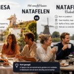 Een visuele vergelijking tussen tafelende mensen links in Spanje en rechts in Nederland