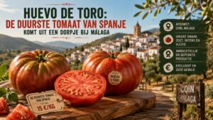 Verse huevo de toro tomaten gepresenteerd met in de verte een Spaans dorp