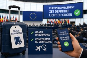 Een reiskoffer met in de achtergrond het Europees parlement