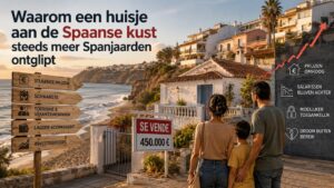 Een jong gezin dat naar woningen kijkt aan de Spaanse kust