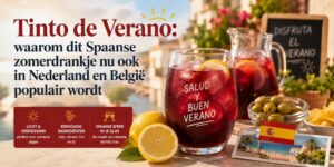 Een glas Tinto de Verano in een Spaanse omgeving met tekst die de voordelen van de drankt opsomt
