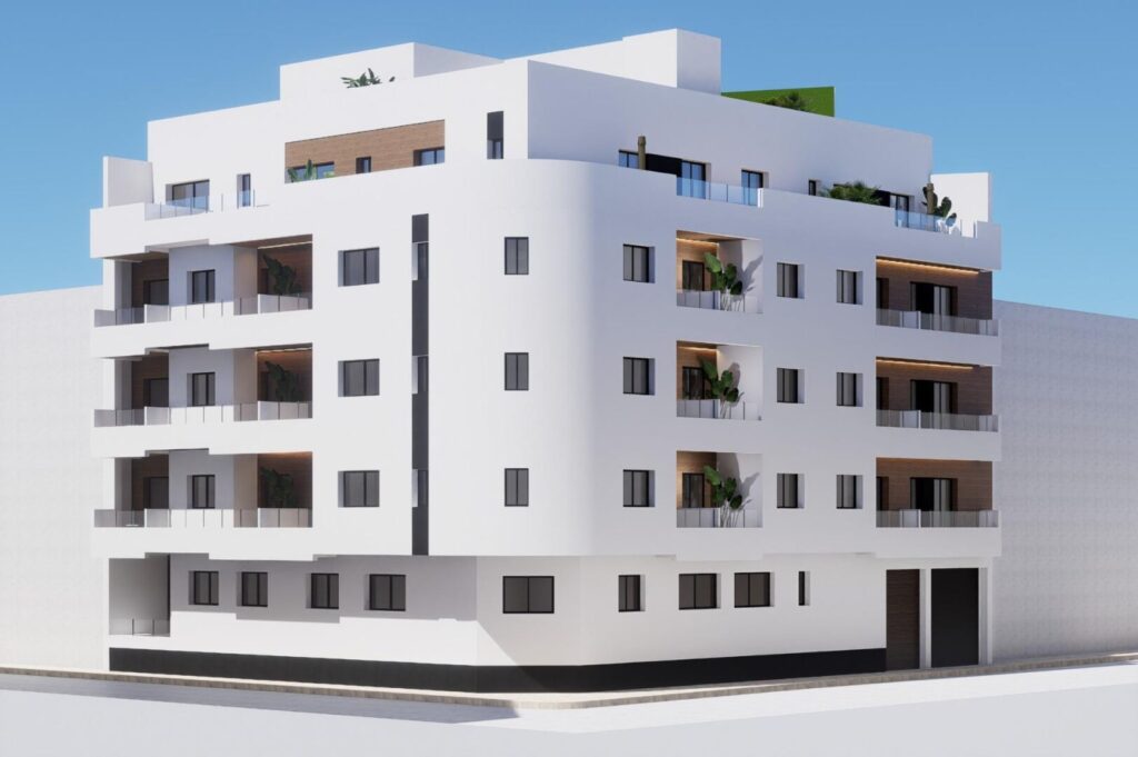 Vooraanzicht van nieuwbouw appartement in Torrevieja in Spanje, gelegen aan de  Costa Blanca-Zuid