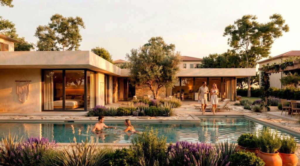 Zwembad en vooraanzicht van nieuwbouw villa in Pinoso in Spanje, gelegen aan de  Costa Blanca-Zuid