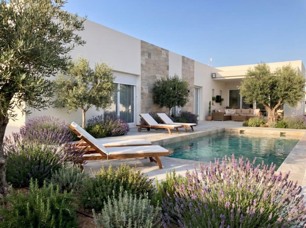 Terras en zwembad van nieuwbouw villa in Pinoso in Spanje, gelegen aan de  Costa Blanca-Zuid