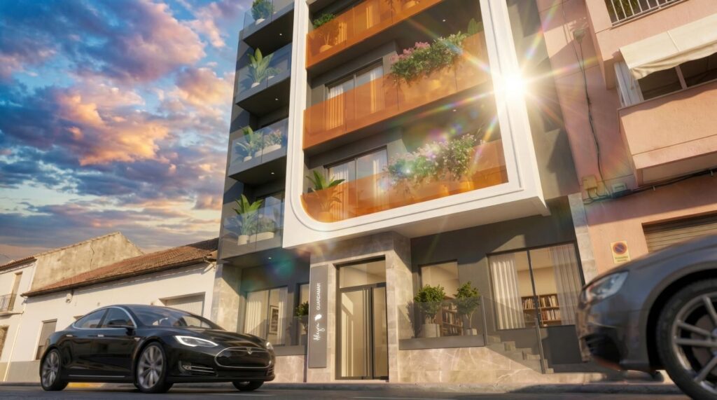 Vooraanzicht van nieuwbouw appartement in Guardamar Del Segura in Spanje, gelegen aan de  Costa Blanca-Zuid