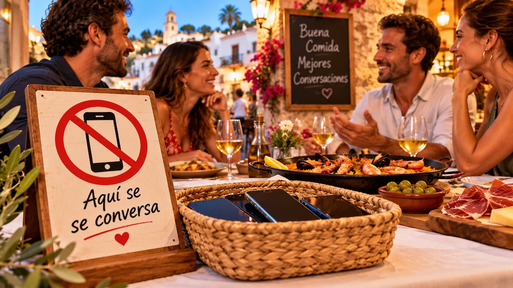 2 koppels aan tafel in Spanje zonder gsm-gebruik