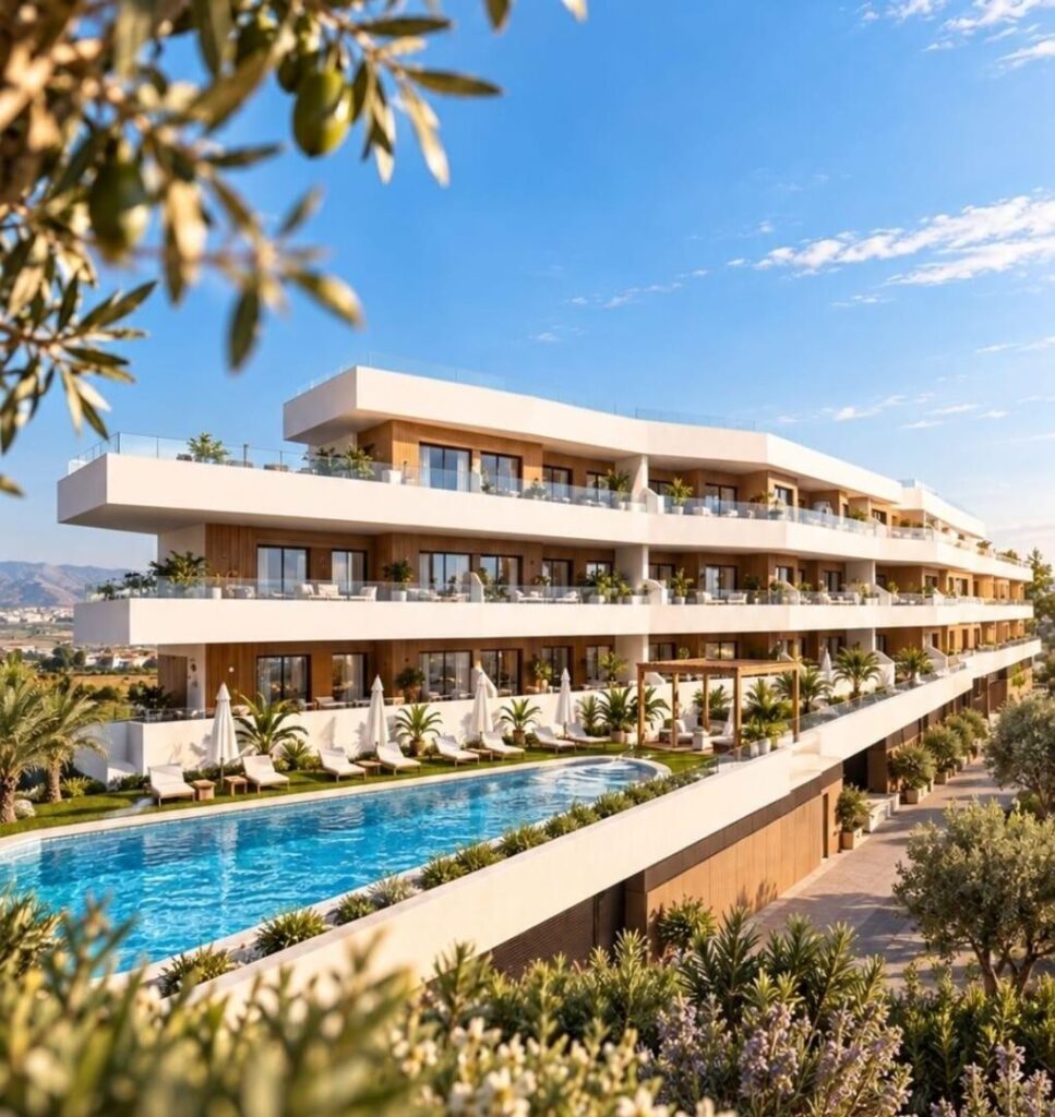 Gemeenschappelijk zwembad en vooraanzicht van nieuwbouw appartement in Formentera Del Segura in Spanje, gelegen aan de  Costa Blanca-Zuid