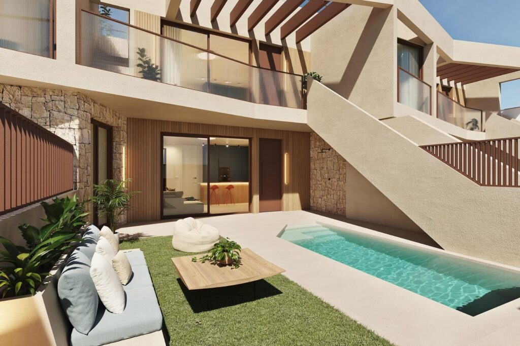 Terras en zwembad van nieuwbouw appartement in San Pedro Del Pinatar in Spanje, gelegen aan de  Costa Cálida