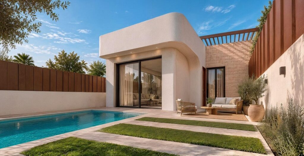 Terras en tuin van nieuwbouw huis in San Pedro Del Pinatar in Spanje, gelegen aan de  Costa Cálida