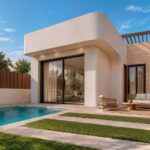 Terras en tuin van nieuwbouw huis in San Pedro Del Pinatar in Spanje, gelegen aan de  Costa Cálida