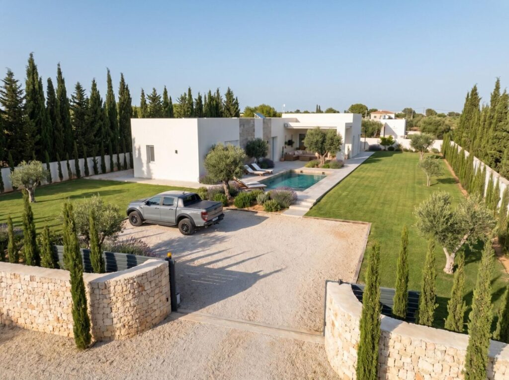 Vooraanzicht van nieuwbouw villa in La Romana in Spanje, gelegen aan de  Costa Blanca-Zuid