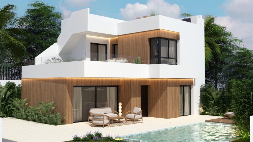 Vooraanzicht van nieuwbouw villa in Orihuela in Spanje, gelegen aan de  Costa Blanca-Zuid