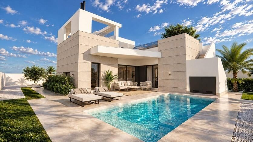 Terras en zwembad van nieuwbouw villa in Torrevieja in Spanje, gelegen aan de  Costa Blanca-Zuid